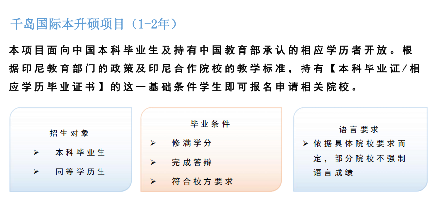 本 项 目 面 向 中 国 本 科 毕 业 生 及 持 有 中 国 教 育 部 承 认 的 相 应 学 历 者 开 放 。 根 据 印 尼 教 育 部 门 的 政 策 及 印 尼 合 作 院 校 的 教 学 标 准 ， 持 有 【 本 科 毕 业 证 / 相 应 学 历 毕 业 证 书 】 的 这 一 基 础 条 件 学 生 即 可 报 名 申 请 相 关 院 校 。