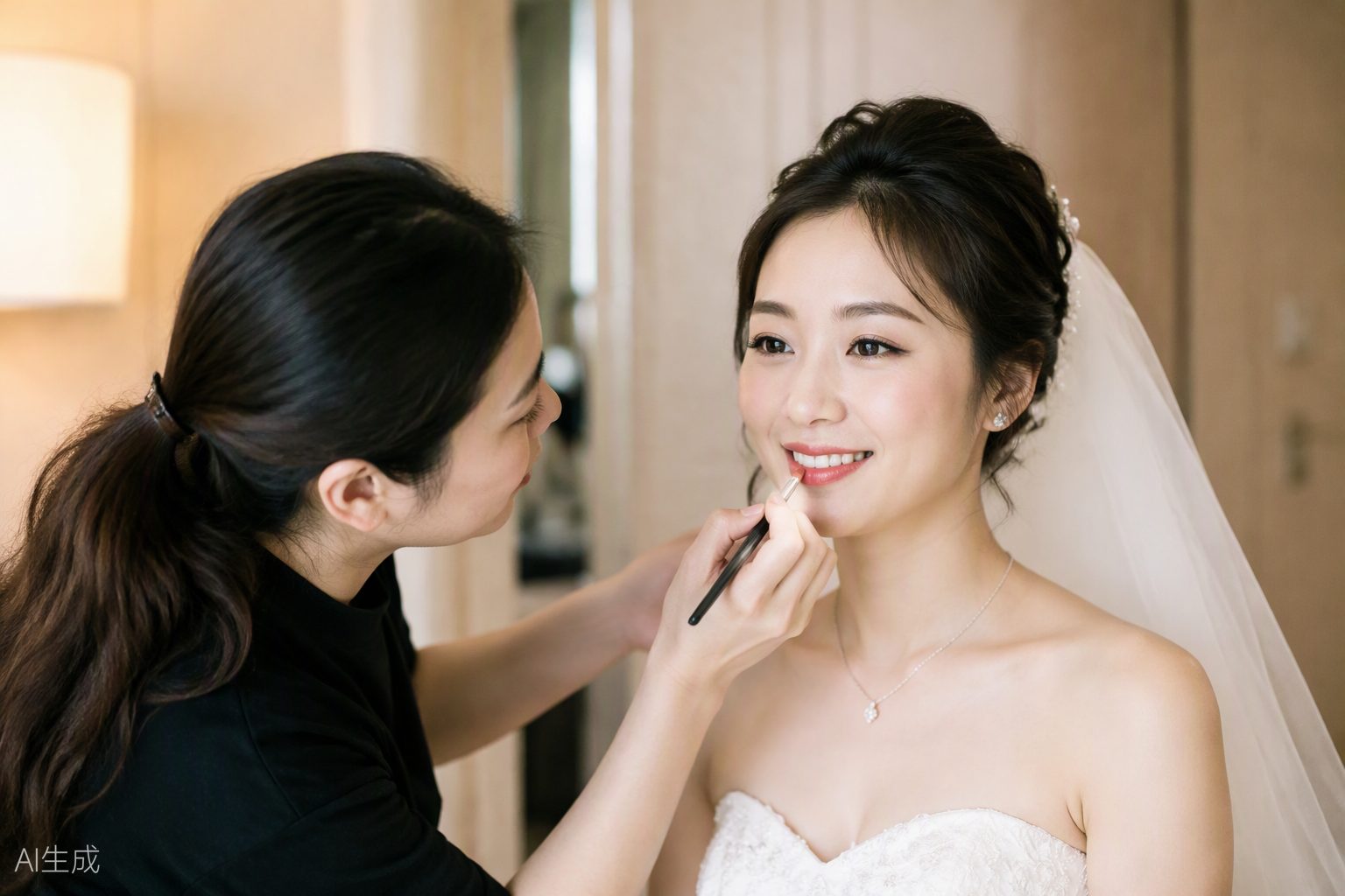 化妆师为新娘做婚礼跟妆收尾